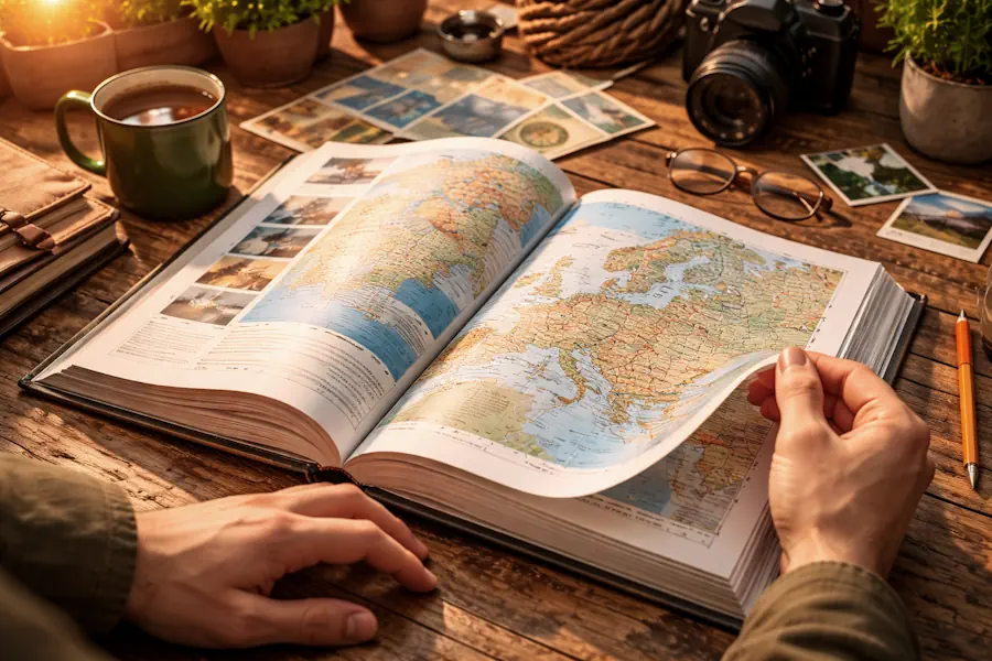 Looking at the world’s maps in an atlas, searching for a destination