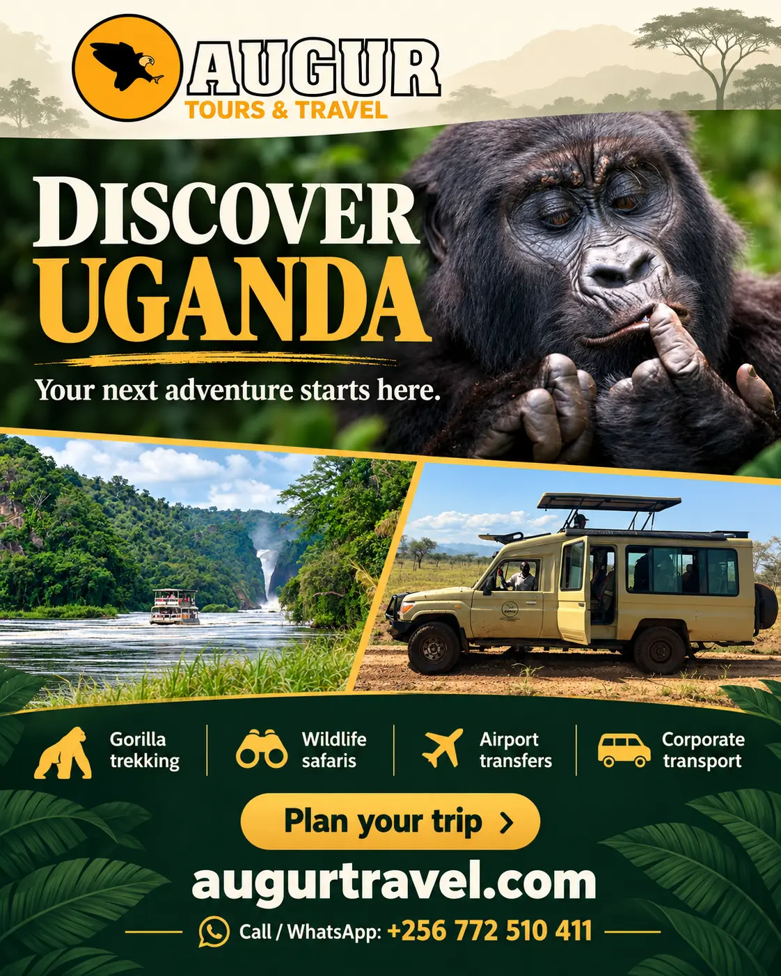 whatsapp or emails on the site at augurtravel.com travel item in Nabweru South I, Wakiso, Uganda